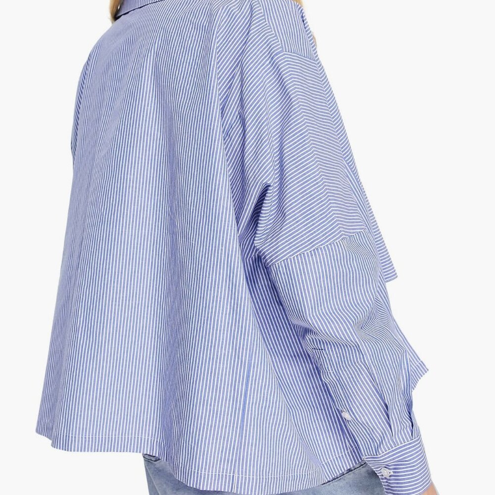 Topshop Stripe High-Low Shirt (Medium Blue)